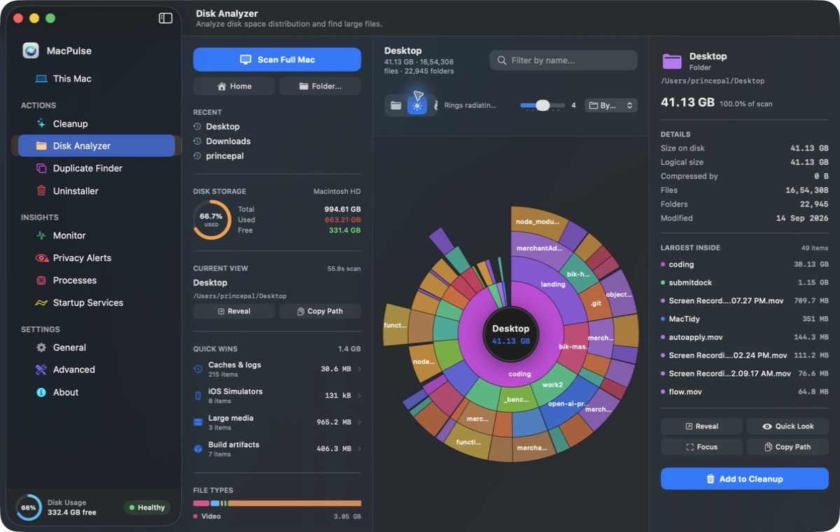 MacPulse APFS Disk Space Analyzer screen