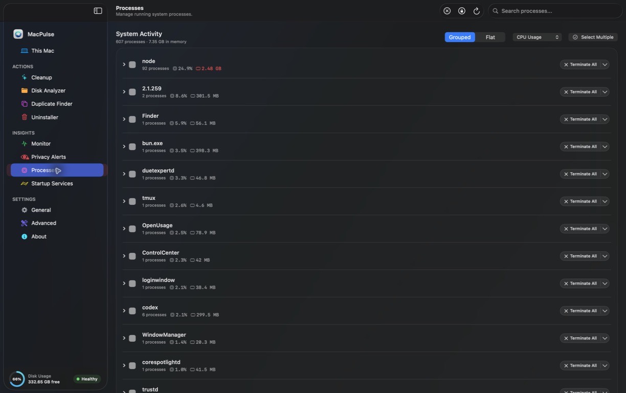 MacPulse Process Manager and System Activity screen